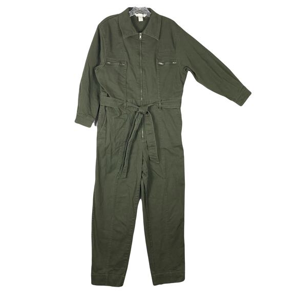 NWOT H&M Jumpsuit Women L”Boiler-Suit”Green Tie Zip-Up Pocket Long-Sleeve Cotton - Picture 2 of 16